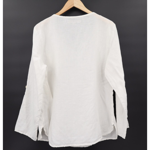 Flax Women's V Neck Linen Tunic Roll Sleeve White Sz M Pocket Lagenlook - Picture 2 of 5